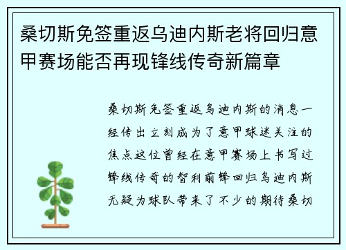 桑切斯免签重返乌迪内斯老将回归意甲赛场能否再现锋线传奇新篇章